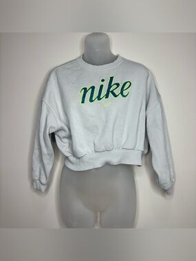 Nike off White Cropped Crew Sweatshirt Neon Green Navy logo spell out medium